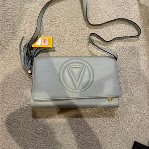 Valentino Gray Leather Clutch with Logo
